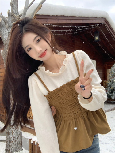 实拍 韩版气质灯芯绒假两件衬衫女冬季新款修身显瘦长袖上衣