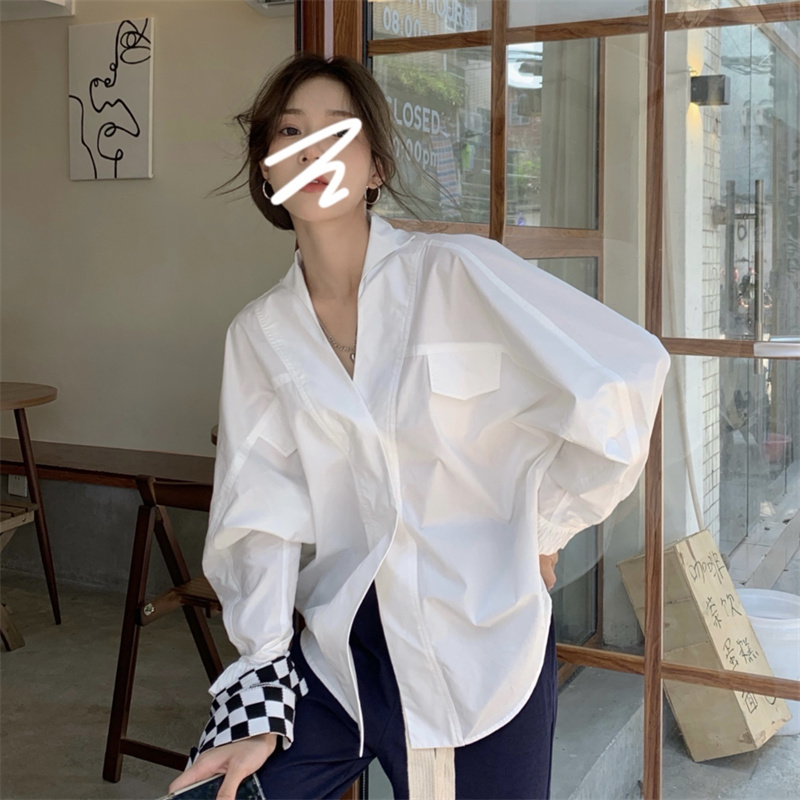 白色長袖襯衫女設計感小眾v領寬鬆百搭上衣休閒秋季ins年新款