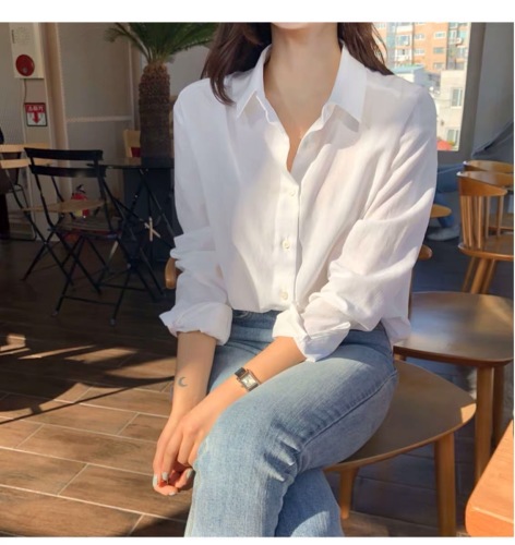 韩版新款秋季白色衬衫女休闲宽松V领上衣基础百搭长袖打底衫