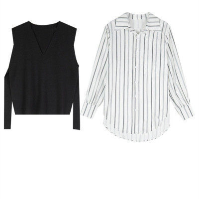 Polo领竖条衬衫+黑色针织马甲两件套女2024春季新款韩版时尚上衣