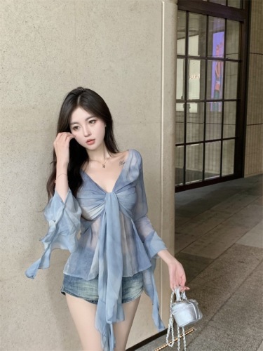 Actual shot ~ 2024 summer new design gradient tie-dye ruffled bell sleeve shirt tops for women