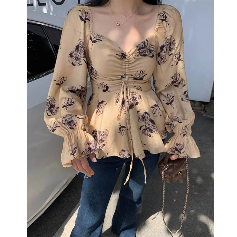 春季設計感V領碎花抽繩襯衫女收腰大碼女裝顯瘦遮肚子別致上衣