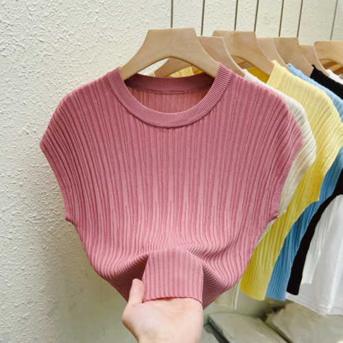 Real shot of ice silk short-sleeved sweater for women in summer 2024 new high-end and super good-looking sleeveless loose top for women trendy
