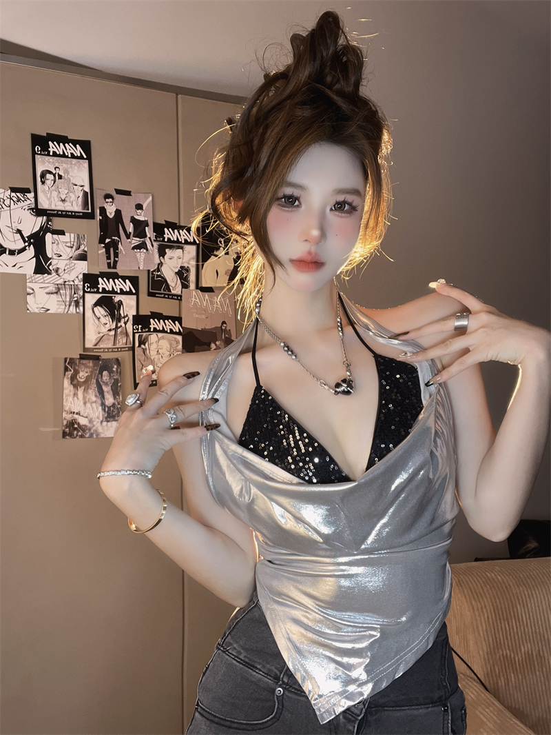 實拍~純欲性感重工亮片吊帶背心設計感兩件套修身顯瘦辣妹短上衣