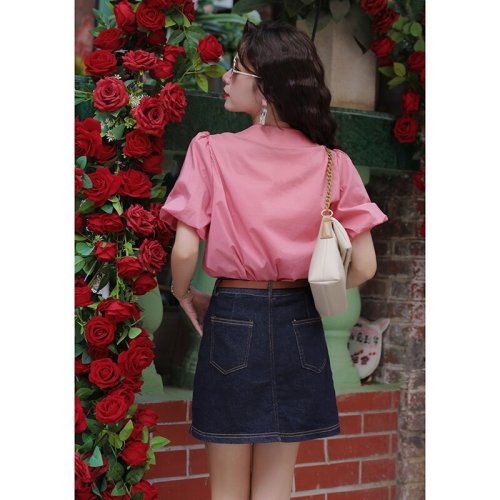 港风复古玫瑰花朵粉色短袖衬衫女夏款气质显瘦衬衣设计感小众上衣
