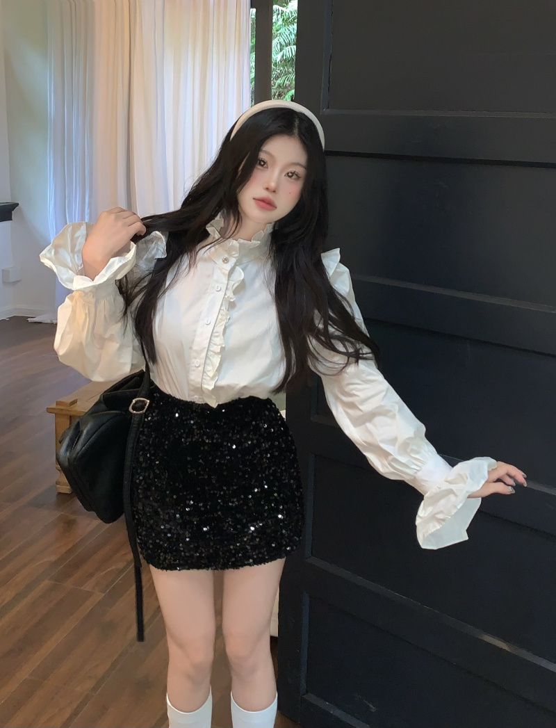 實拍 韓版花邊白襯衫女設計泡泡袖上衣+亮片半身裙包臀裙女