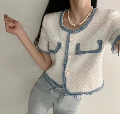 2024 Korean style fashionable small-sleeved short-sleeved contrasting color jacket for women with design sense and light luxury cardigan top for ladies