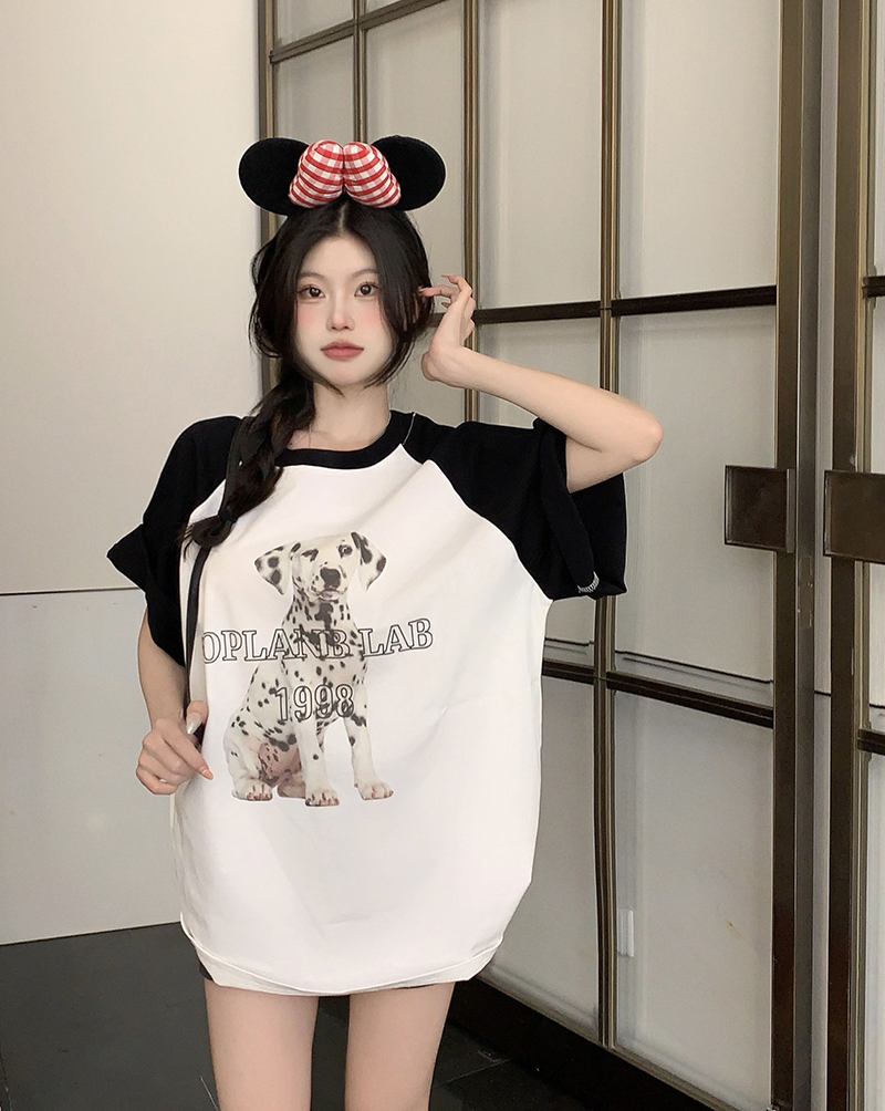 實拍  美式復古夏季新款斑點狗插肩袖印花圓領T恤短袖