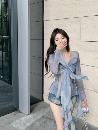 Actual shot ~ 2024 summer new design gradient tie-dye ruffled bell sleeve shirt tops for women