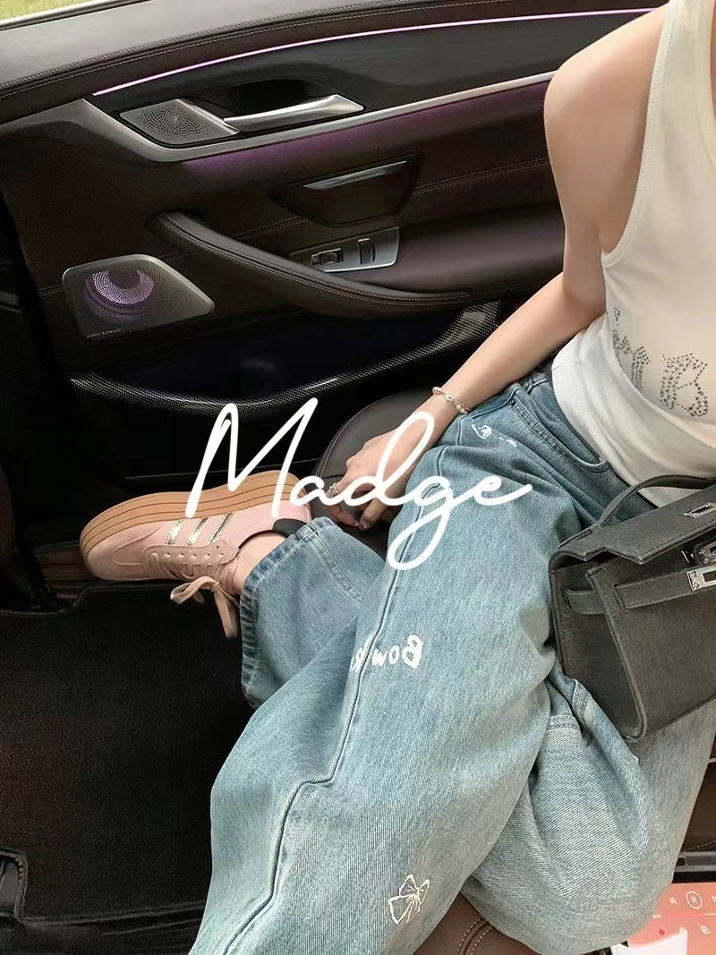 S.andro Madge2024春夏美式復古藍色印花高腰牛仔褲女直筒闊腿褲