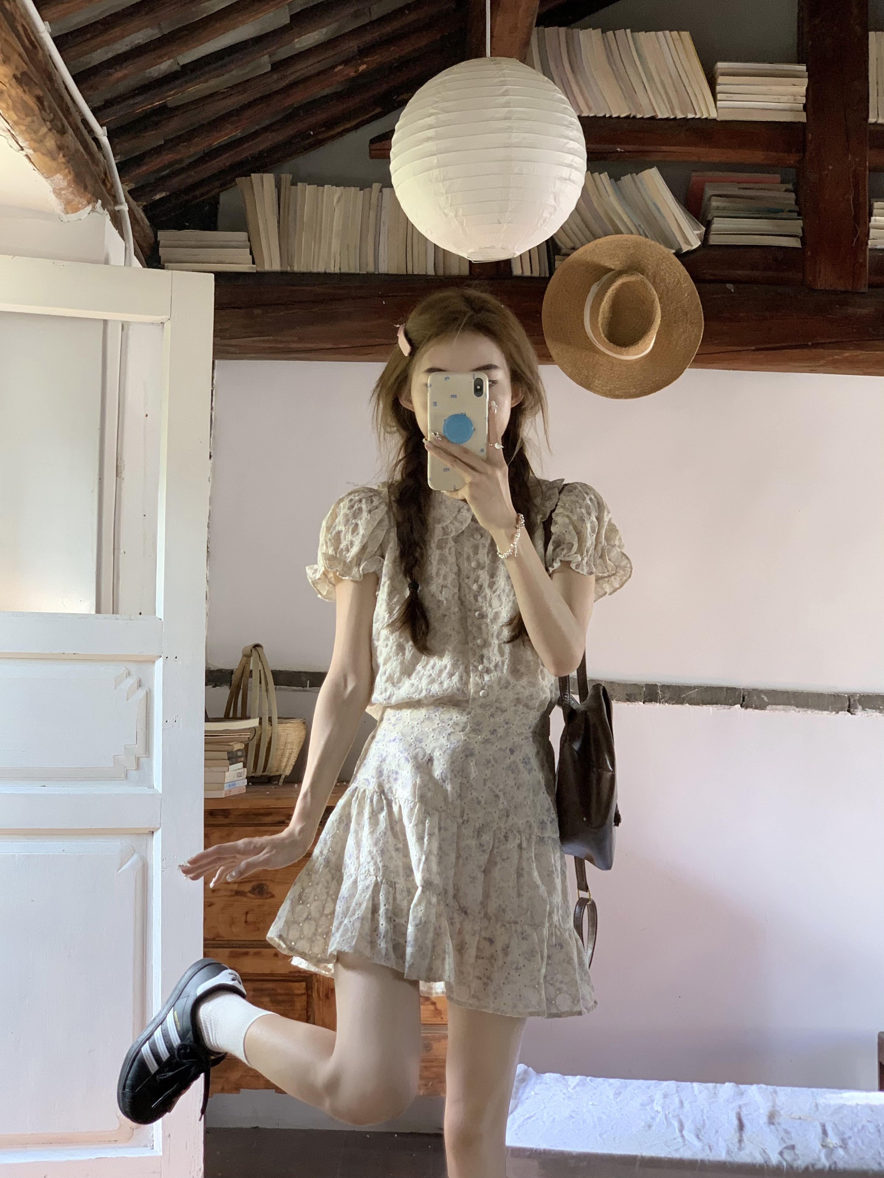 實拍~夏季刺繡娃娃領小碎花襯衫短袖上衣+高腰半身裙兩件套裝