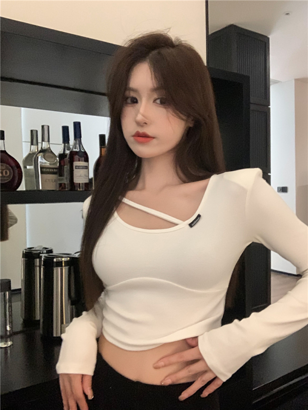 實拍～ 辣妹小心機性感圓領修身顯瘦百搭長袖短款T恤女