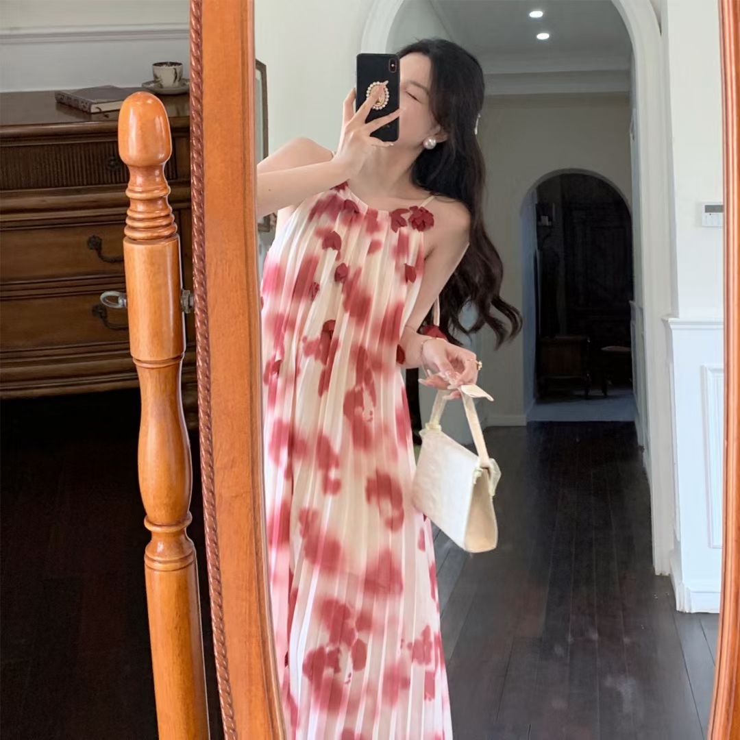法式掛脖無袖吊帶連衣裙女夏設計感暈染立體花朵小個子仙氣長裙