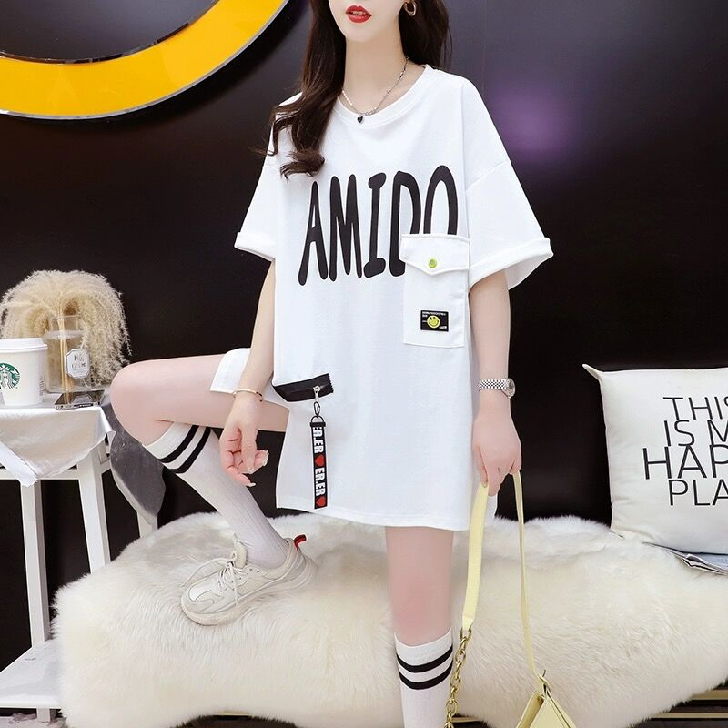 質量/純棉/後包領/下擺開叉口袋拉鏈拼接短袖T恤女