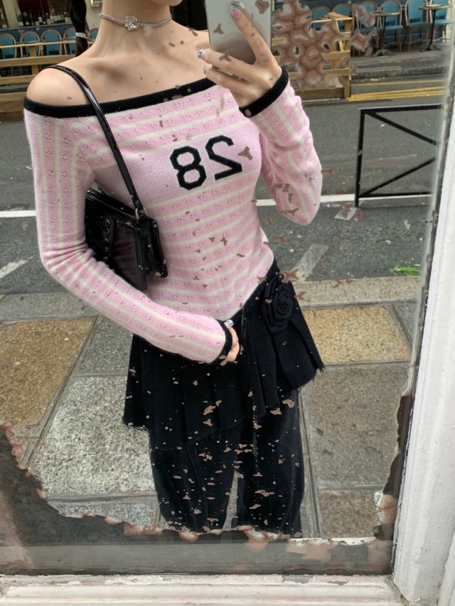 inss韓代 seooocookie韓國設計師品牌24新一字領28條紋針織衫