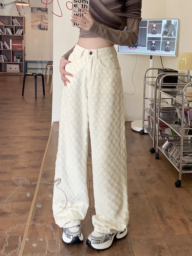 實拍#新款寬鬆直筒提花牛仔褲休閒褲女高腰拖地闊腿長褲子