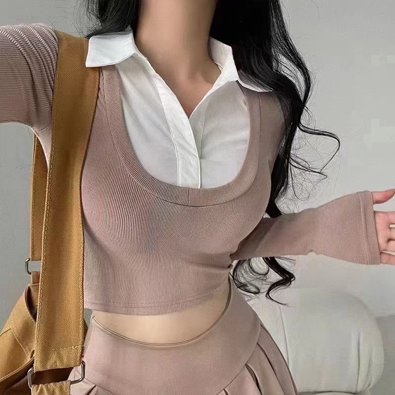 歐美風假兩件拼接翻領長袖T恤女2024春季高腰短款修身上衣