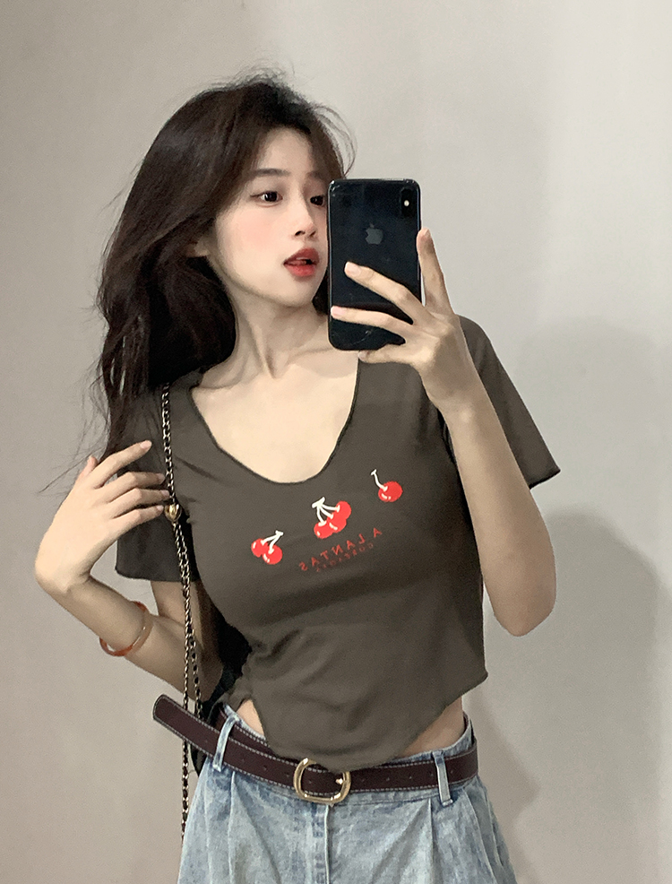 實拍~純欲風修身顯瘦短款印花短袖T恤女上衣
