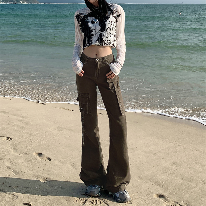 實拍2024春季微喇工裝休閒褲女高腰顯瘦網紅百搭喇叭褲子