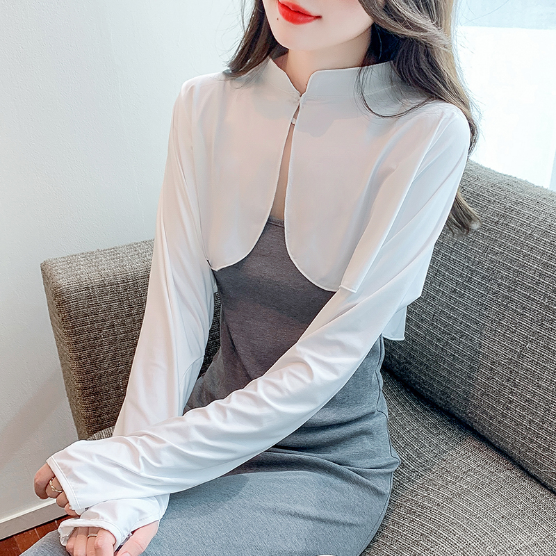 Already shipped 2024 spring and summer real-shot large size new stand-up collar loose short sun protection shirt long-sleeved cardigan