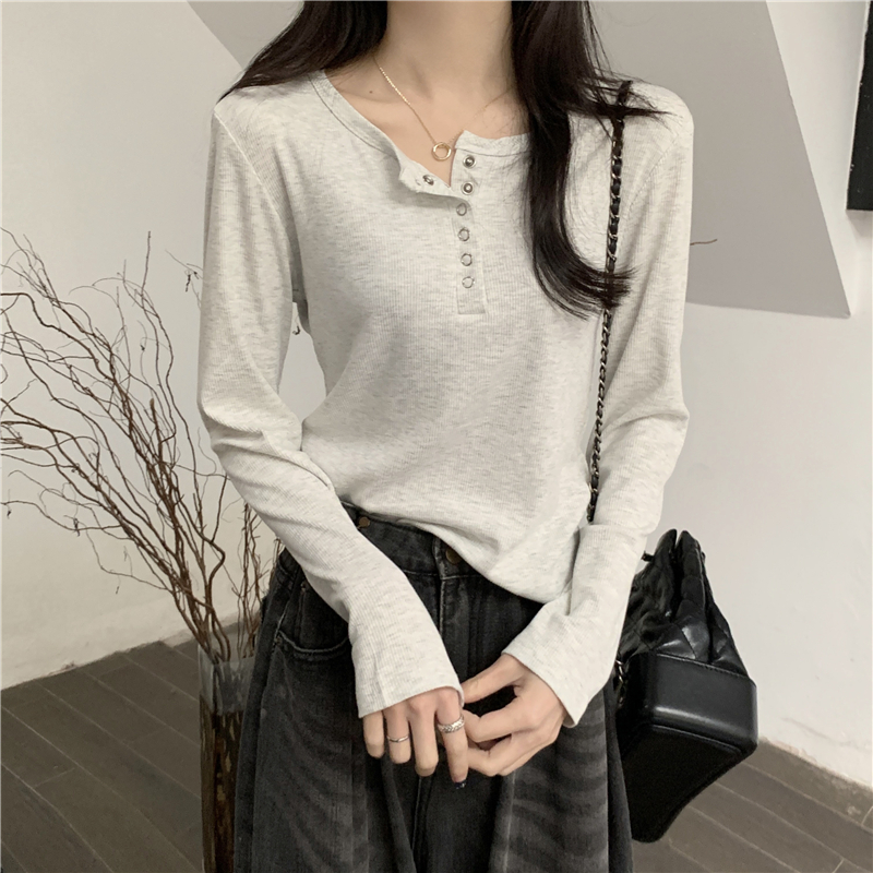 Real shot Spring new button design long-sleeved T-shirt bottoming top for women