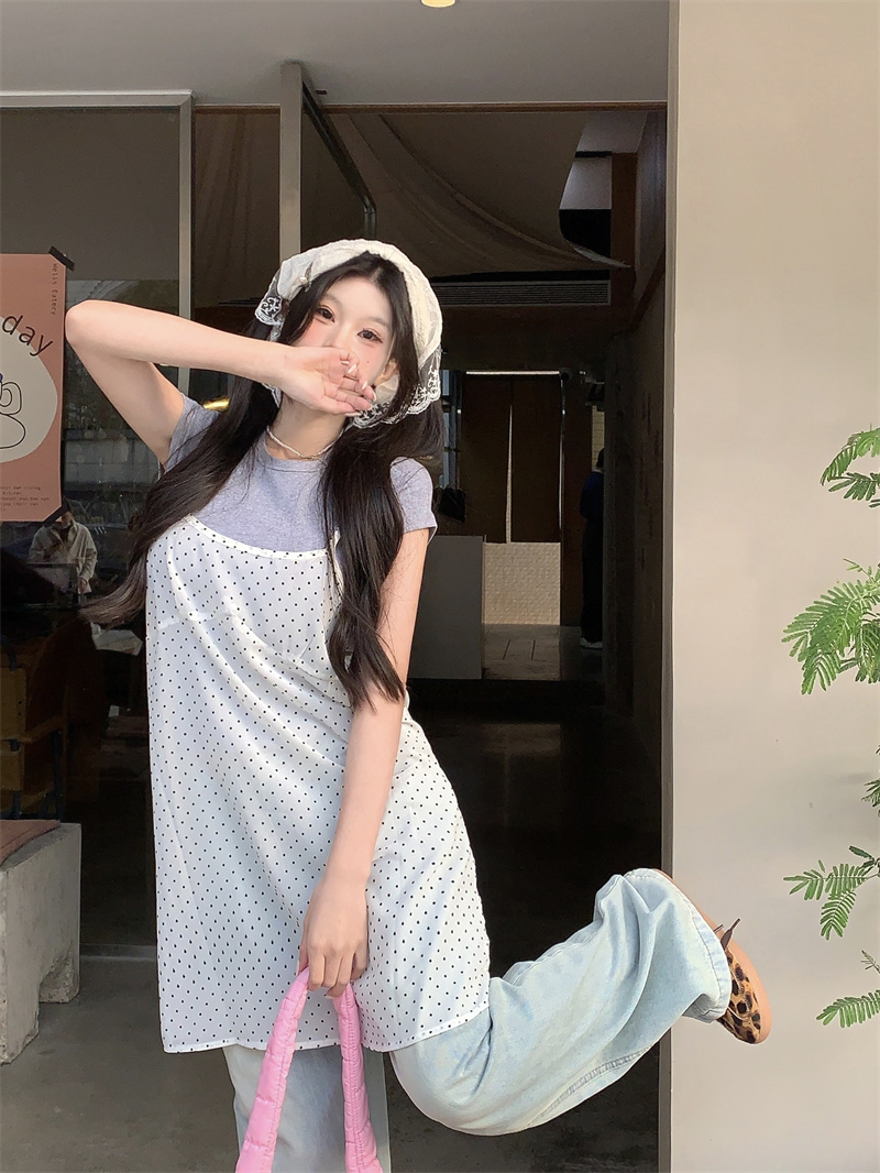 Real shot of layered polka-dot suspender skirt for women see-through blouse sleeveless dress for women