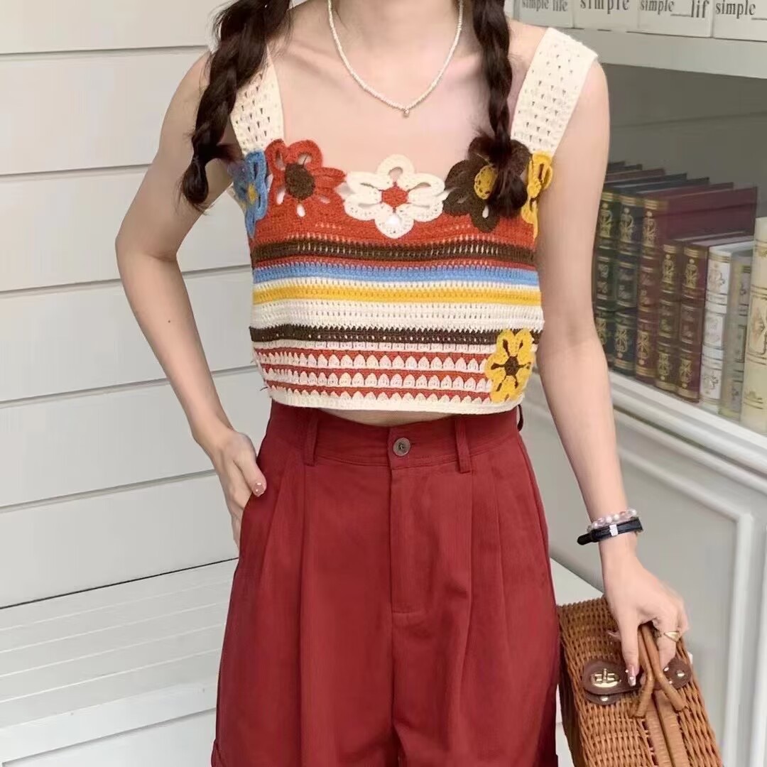 撞色花朵無袖外穿馬甲背心吊帶女2024夏季新款韓版度假風短款上衣
