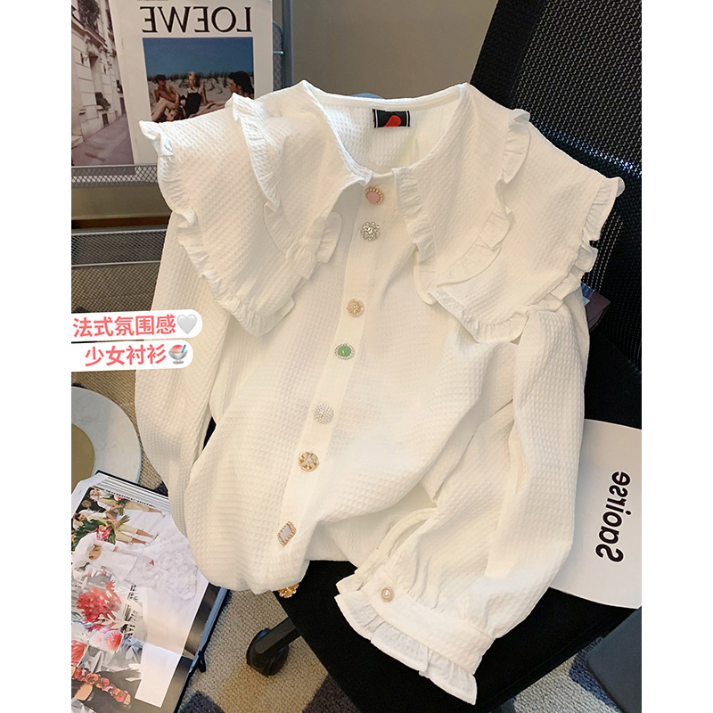 官圖法式氣質白色娃娃領襯衫女裝設計感小眾襯衣洋氣