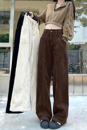 Corduroy tooling wide-leg pants female American retro loose straight high-waisted wide-leg trousers trendy ins