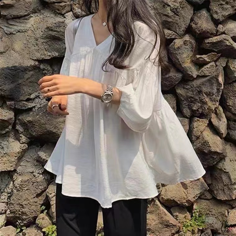 日系簡約娃娃衫七分袖上衣V領韓版寬鬆蓬蓬打底襯衣