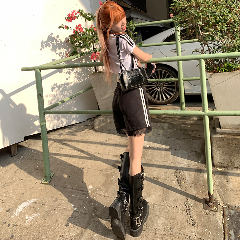 實拍bsfcore運動芭蕾韓系少女休閒百搭透氣抽繩 蕾絲短褲 黑&白