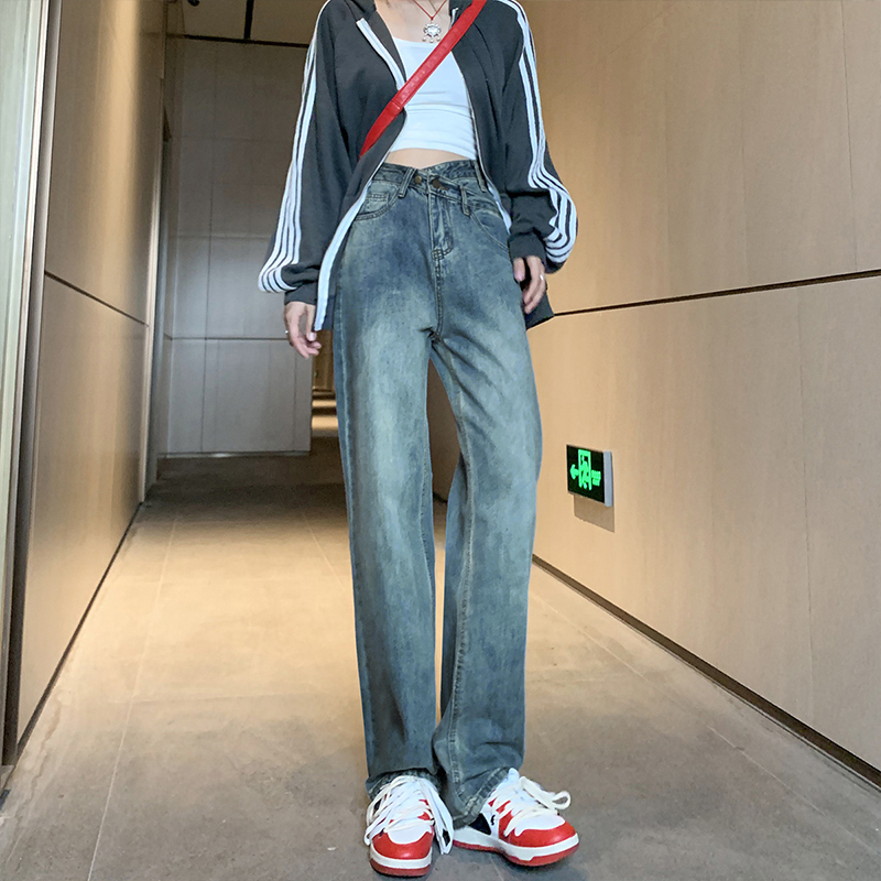 高腰闊腿牛仔褲女春秋款2024年新款小個子寬鬆交叉腰窄版直筒褲子