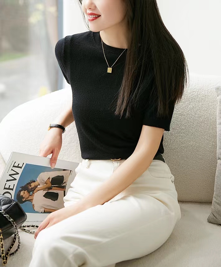 2の黛兒姑娘德國揚子紗線精紡羊毛空調衫短袖打底針織衫上衣女夏