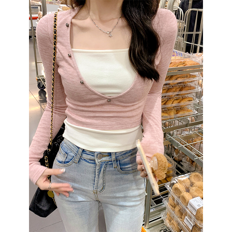 實拍粉色甜辣妹露鎖骨短款疊穿假兩件上衣撞色打底衫T恤女