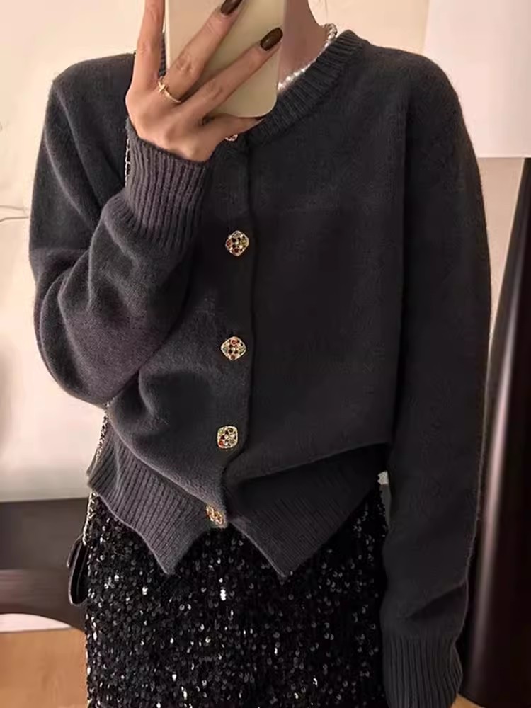 彩鑽紐扣高級感羊毛針織開衫冬季歐貨洋氣顯瘦毛衣外套時尚羊絨衫