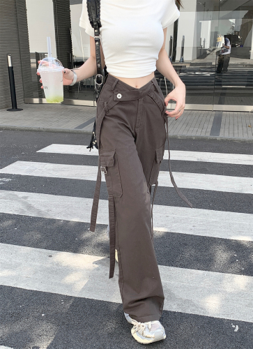 Actual shot~New high-waisted straight overalls with retro design and hot girl gray wide-leg jeans
