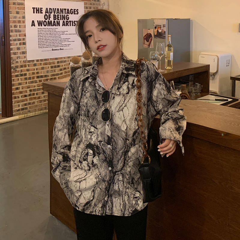 長袖防曬襯衣新款韓版氣質復古水墨畫扎染襯衫女寬鬆顯瘦