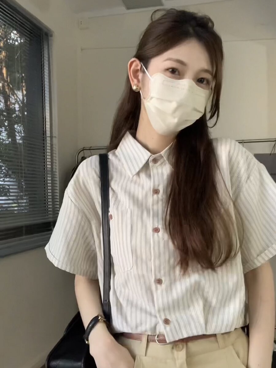 法式polo領豎條紋短袖襯衫女夏季小眾遮肚子顯瘦上衣小衫短款