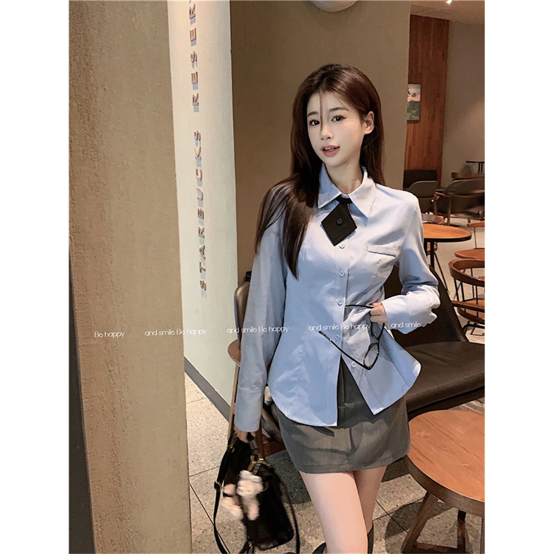 氣質法式POLO領藍色襯衫女秋冬新款內搭長袖上衣設計感襯衣女