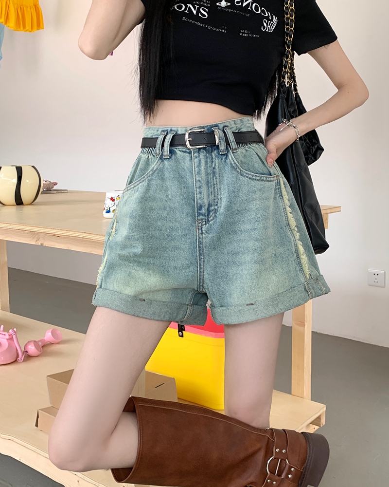 實拍#新款高腰牛仔短褲女設計感水洗a子卷邊短褲子