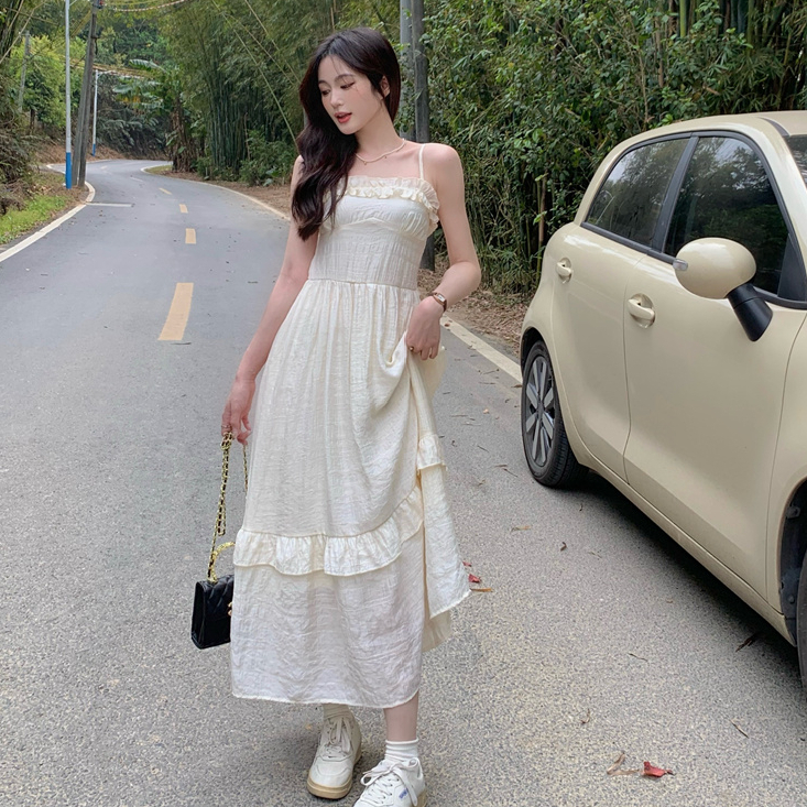 French super fairy first love fungus-edged suspender skirt, elegant long skirt, small waist, slimming white A-line skirt