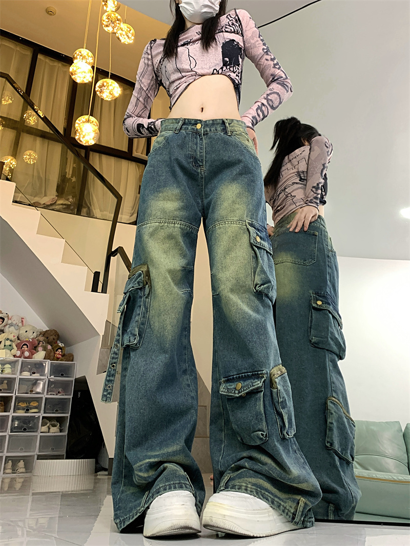 實拍~美式口袋工裝牛仔褲女高街直筒長褲復古褲子拖地