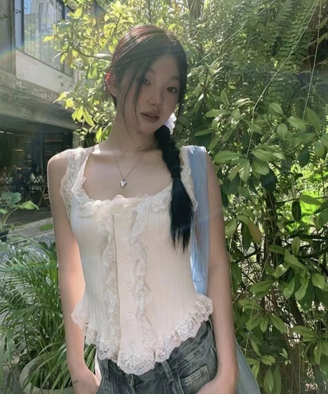SUNONEONE 甜辣妹蕾絲針織吊帶背心2024新款女內搭夏外穿無袖上衣