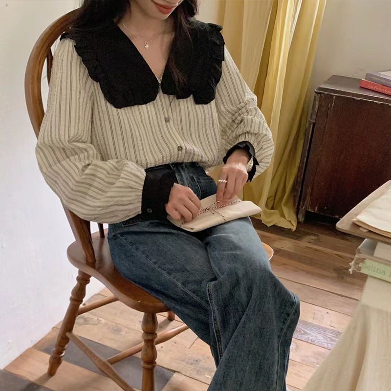 早秋娃娃領條紋長袖襯衫上衣女高級感設計感小眾法式別致襯衣秋季
