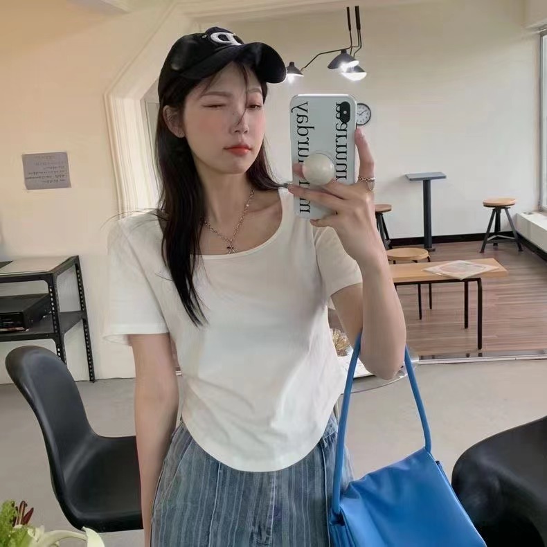 白色正肩T恤女別致獨特短袖ins上衣夏季辣妹性感短款洋氣卡腰小衫