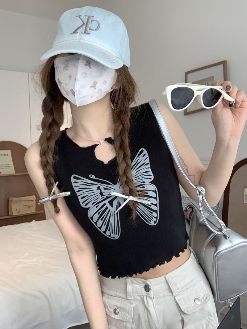 實拍 復古蝴蝶印花無袖背心女外穿2024新款花邊修身短款上衣