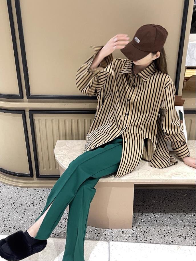 HAD 凹槽小眾設計條紋襯衫春秋女寬鬆設計感襯衣上衣2024新款