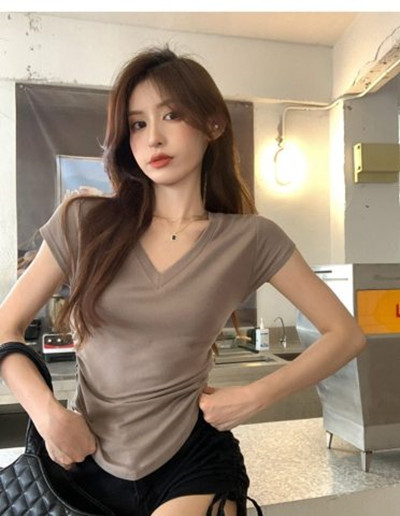 Pure lust style v-neck short-sleeved T-shirt women's slim fit design student solid color top trendy