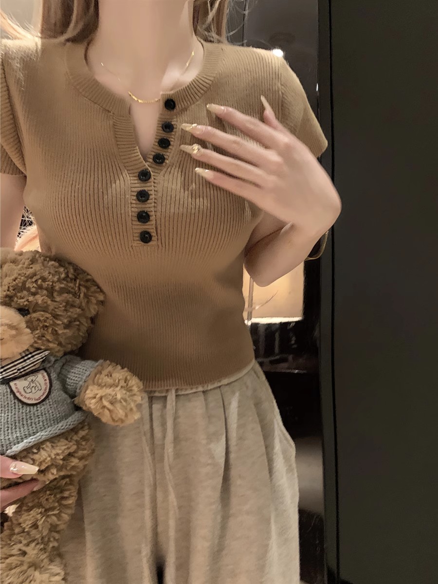Simple and versatile V-neck short-sleeved knitted T-shirt for women 2024 spring slim fit short crop top