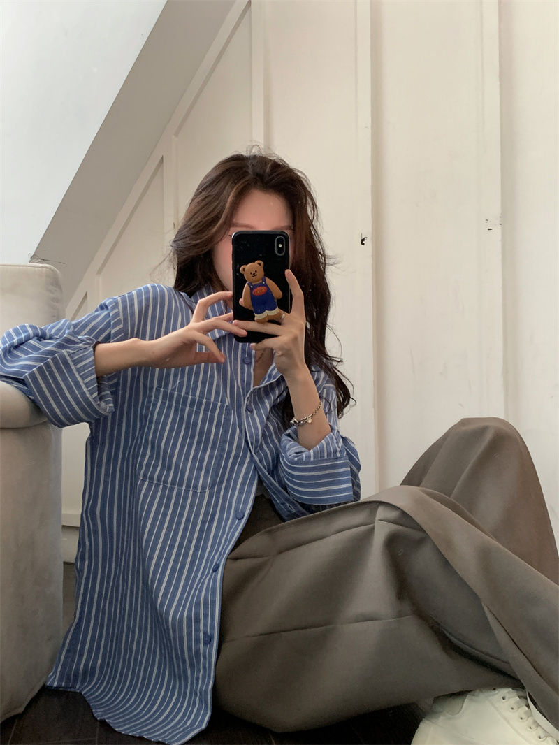 Spring and Autumn Salt Chic Blue Striped Shirt Women's Loose Casual Lazy Style Thin Sun Protection Jacket Top